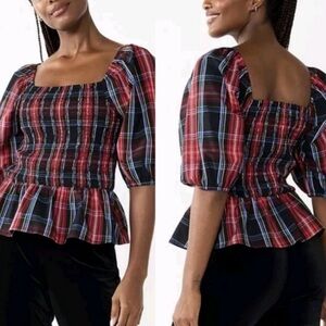 Draper James RSVP Women’s Red TarTan Plaid Smocked Peplum Square Neck Top Blouse